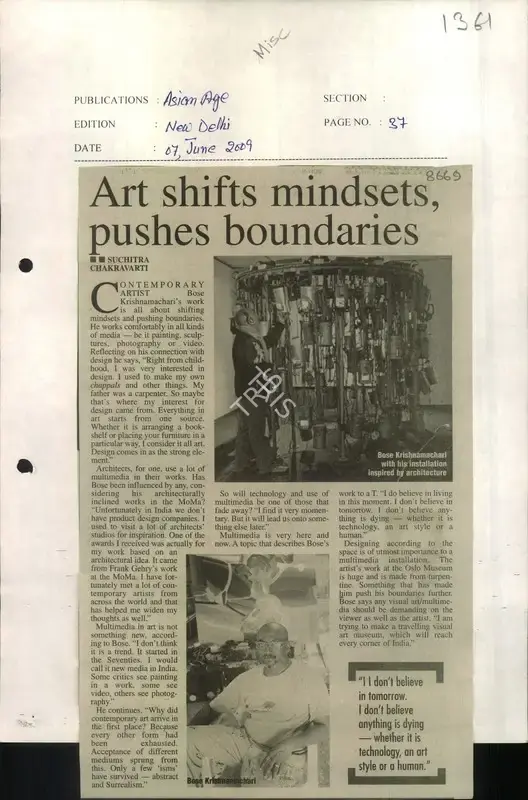 Suchitra Chakravarti (Reporter), Art Shifts Mindsets, Pushes Boundaries, 2009, Newspaper Clipping