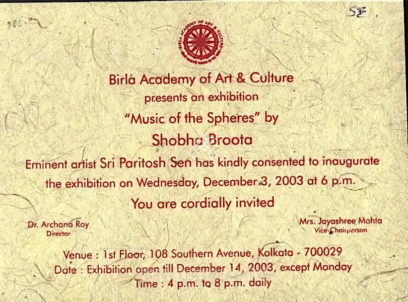 Shobha Broota (Artist), Music of the Spheres, 2003, Solo Exhibition Invitation