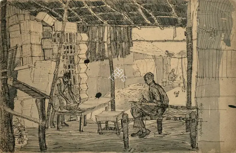 Ganesh Pyne (Artist), Untitled (Village Scene), 1960, Painting