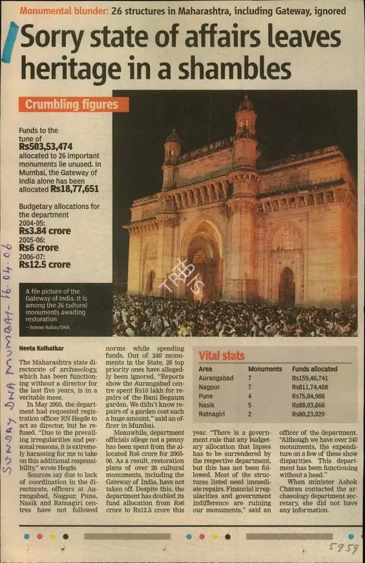 Neeta Kolhatkar (Reporter), Sorry State of Affairs Leaves Heritage in a Shambles, 2006, Newspaper Clipping