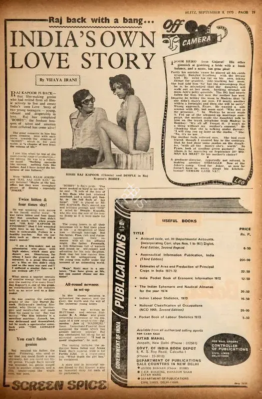 Vijaya Irani (Reviewer), Raj Back With a Bang…_x000d_
Indian's Own Love Story, 1973, Film Review