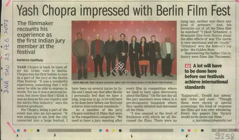 Karishma Upadhyay (Reporter), Yash Chopra Impressed With Berlin Film Fest, 2006, Newspaper Clipping