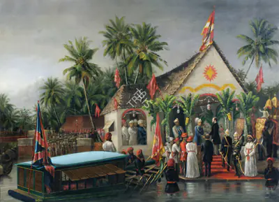 Raja Ravi Varma (Artist), The Maharaja Of Travancore And His Younger Brother Welcoming Richard Temple-Grenville, 3Rd Duke Of Buckingham And Chandos, Governor-General Of Madras (1875-80), On His Official Visit To Trivandrum In 1880, 1881, Painting
