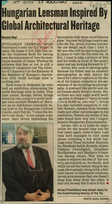 Manjula Negi (Reporter), Hungarian Lensman Inspired By Global Architectural Heritage, 2002, Newspaper Clipping
