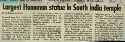 R. Bhagwan Singh (Reporter), Largest Hanuman Statue in South India Temple, 2003, Newspaper Clipping