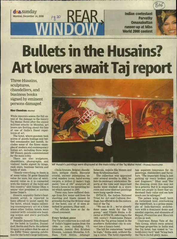 Rina Chandran (Reporter), Bullets in the Husains? Art lovers Await Taj Report, 2008, Newspaper Clipping