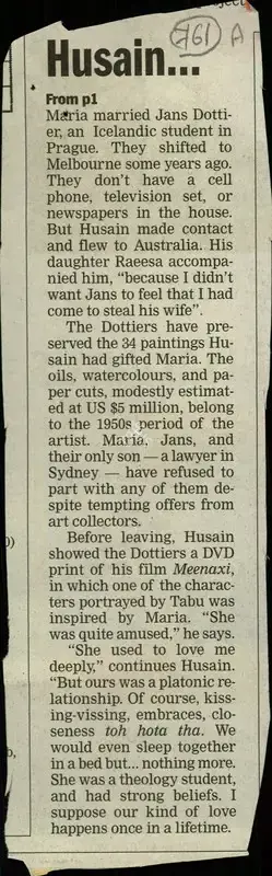 Khalid Mohamed (Reporter), Husain Rekindles Old Flames in Melbourne, 2005, Newspaper Clipping