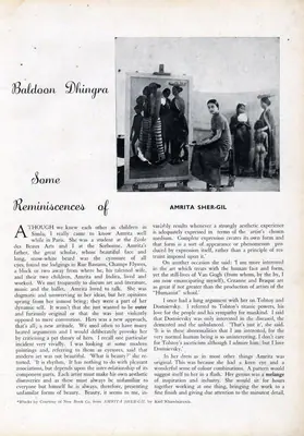 Baldoon Dhingra (Essayist), Some Reminiscences of Amrita Sher-Gil, 1946, Essay