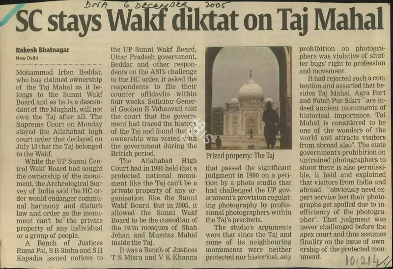 Rakesh Bhatnagar (Reporter), SC Stays Wakf Diktat on Taj Mahal, 2005, Newspaper Clipping