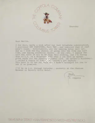 Francis Ford Coppola (Producer), The Godfather Part II, 1974, Signed Letter