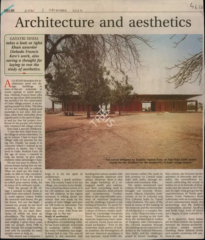 Gayatri Sinha (Reporter), Architecture and Aesthetics, 2004, Newspaper Clipping