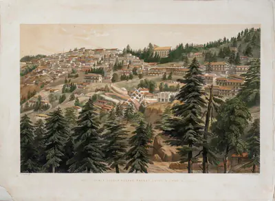 T. Picken (Lithographer), Simla Suddur Bazaar, Racket Court, and Church, 1852, Lithograph