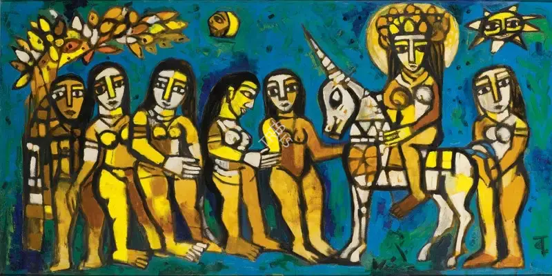 Badri Narayan (Artist), Untitled (Parvati on Unicorn with attendants), 1963, Painting