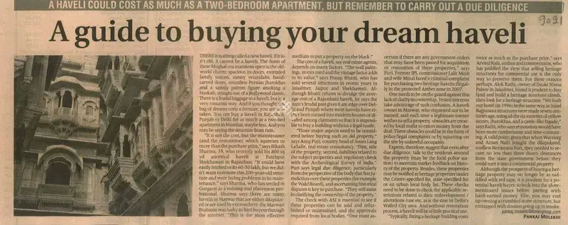 Pankaj Molekhi (Reporter), A Guide to Buying your Dream Haveli, 2011, Newspaper Clipping