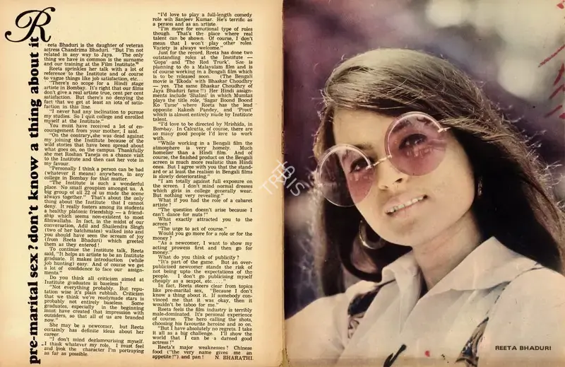 N. Bharathi (Interviewer), Pre-marital sex? don't know a thing about it, 1974, Conversation
