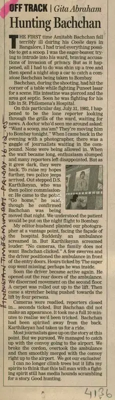Gita Abraham (Reporter), Hunting Bachchan, 2005, Newspaper Clipping