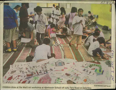 Vijayanand Gupta (Reporter), Children draw at the Warli Art Workshop at Ajeebasen School off Juhu Tara Road on Saturday, 2007, Newspaper Clipping