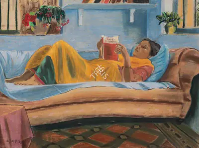 Chittaprosad (Artist), Untitled (Woman Reading), 1952, Painting