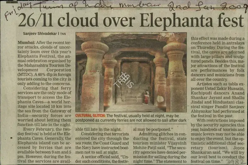 Sanjeev Shivadekar (Reporter), 26/11 Cloud Over Elephanta Fest, 2009, Newspaper Clipping