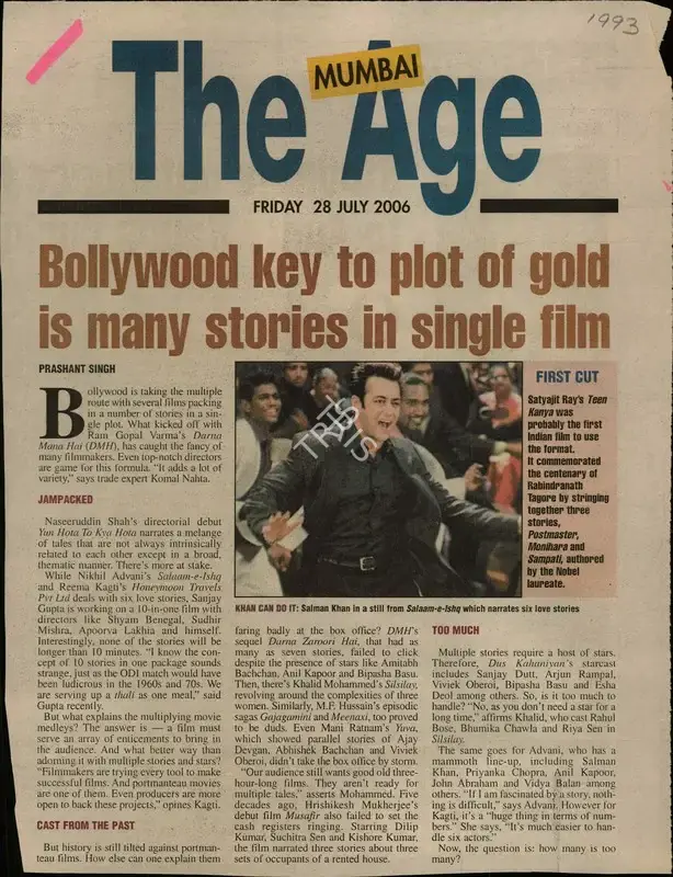 Prashant Singh (Reporter), Bollywood key to plot of gold is many stories in single film, 2006, Newspaper Clipping