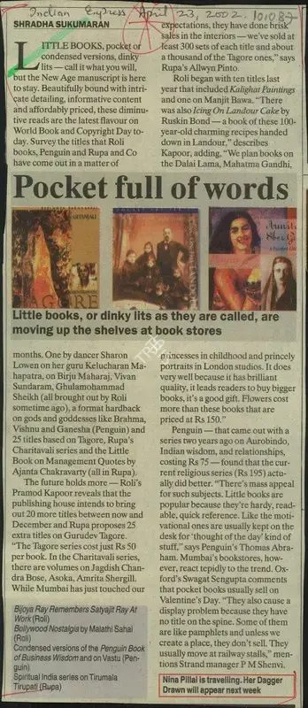 Shradha Sukumaran (Reporter), Pocket full of words, 2002, Newspaper Clipping