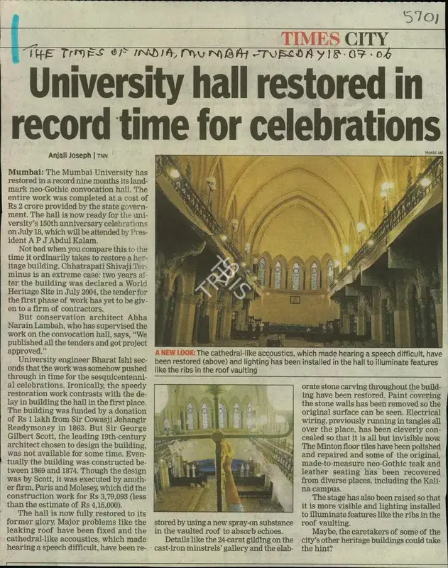Anjali Joseph (Reporter), University Hall Restored in Record Time For Celebrations, 2006, Newspaper Clipping