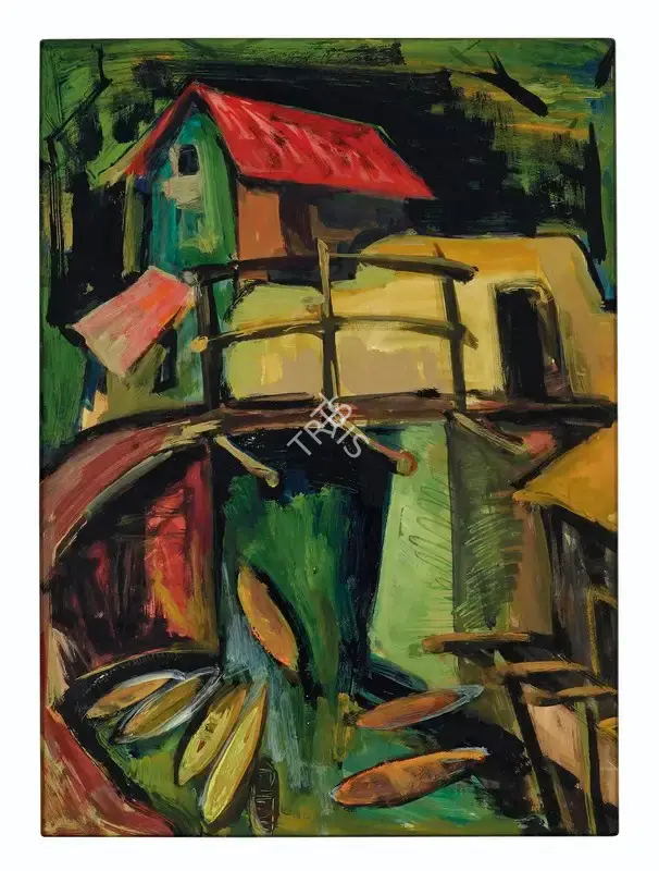 H.A. Gade (Artist), Untitled (House with Boats), 1955, Painting