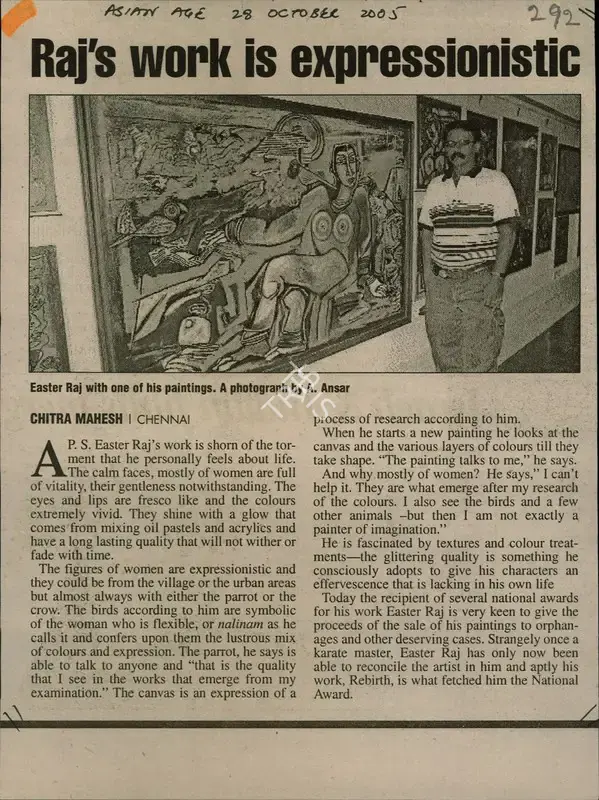 Chitra Mahesh (Reporter), Raj's Work is Expressionistic, 2005, Newspaper Clipping
