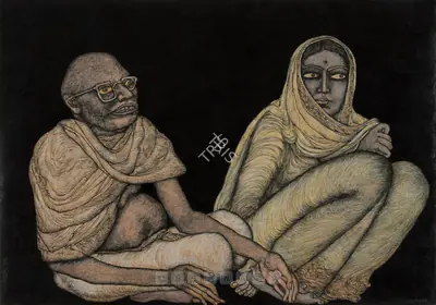 Chowdhury, Jogen (Artist). Couple I - Man & Woman, 1986 | Drawing, Sa.Onl/09.09.10, 2010 · Saffronart