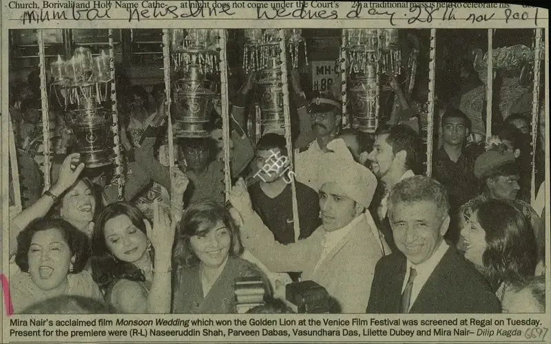 Dilip Kagda (Reporter), Mira Nair's Acclaimed film Monsoon Wedding which won the Golde Lion at the Venice Film Festival was Screened at Regal on Tuesday, 2001, Newspaper Clipping