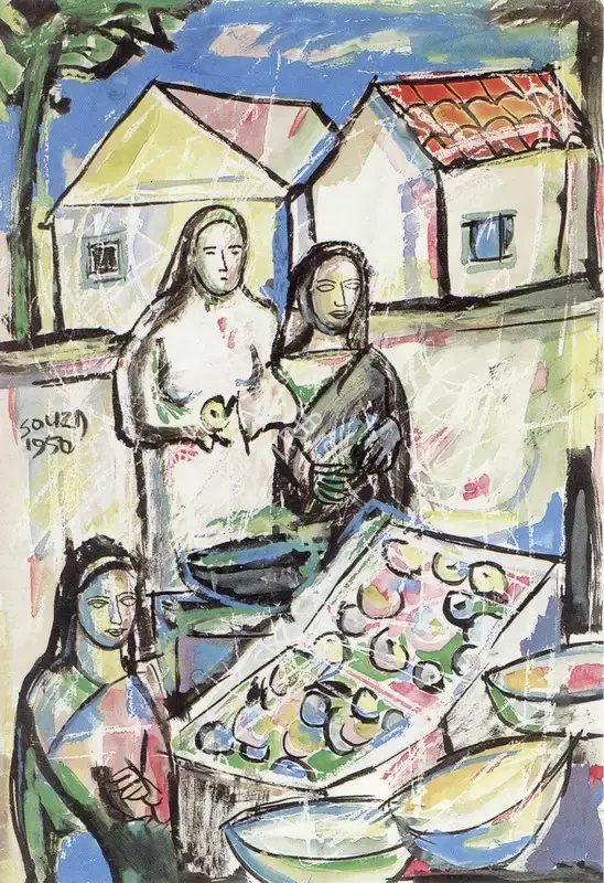 F.N. Souza (Artist), Market Scene, 1950, Painting