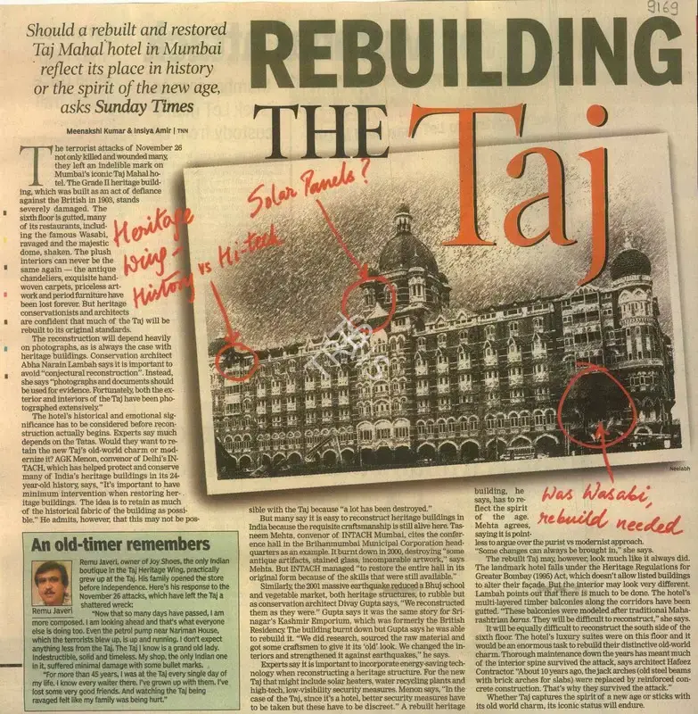 Meenakshi Kumar (Reporter), Rebuilding The Taj, 2008, Newspaper Clipping