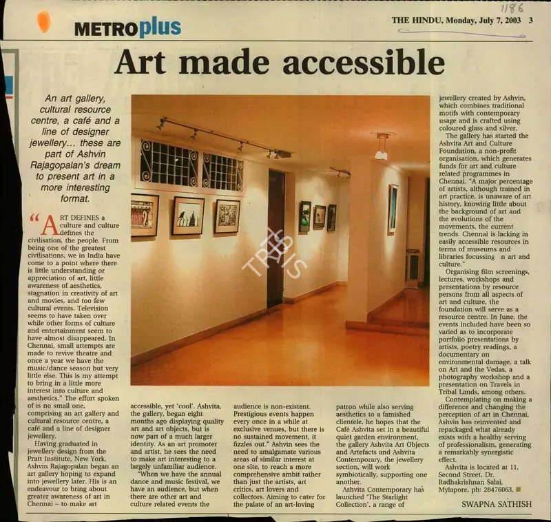 Swapna Sathish (Reporter), Art Made Accessible, 2003, Newspaper Clipping