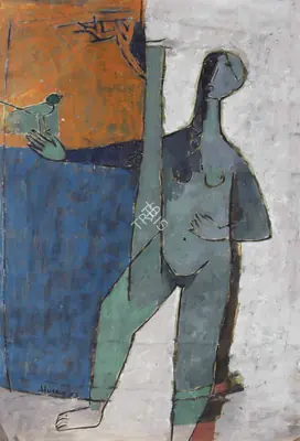 M.F. Husain (Artist), Untitled (Girl with Bird) , 1953, Painting