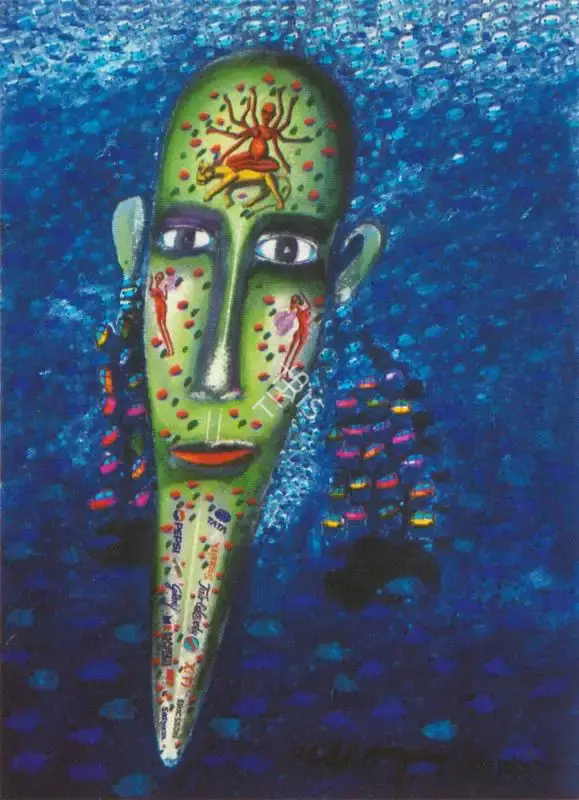 Ved Nayar (Artist), "Perhaps, Celebrities will wear" expression and promotional stickers" as beauty aids in 2050, Painting