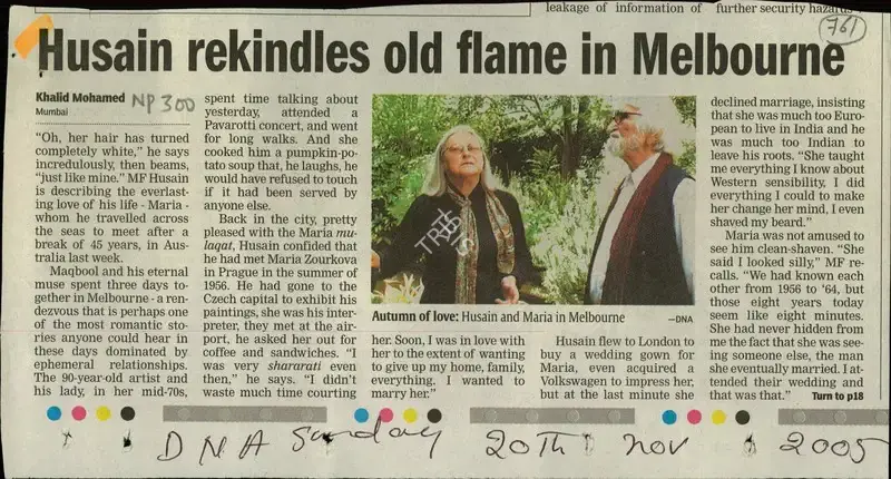 Khalid Mohamed (Reporter), Husain Rekindles Old Flames in Melbourne, 2005, Newspaper Clipping