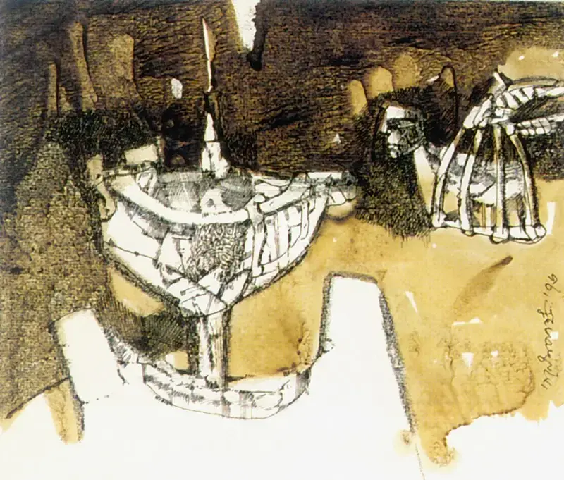 Ganesh Pyne (Artist), Crossing The Fountain, 1976, Drawing