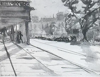 Bikash Bhattacharjee (Artist), Calcutta Street Scene, 1960, Painting