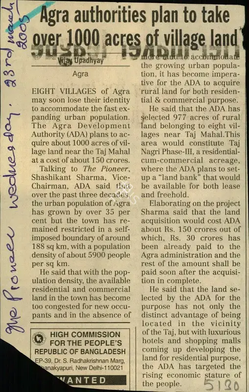 Vijay Upadhyay (Reporter), Agra Authorities Plan to Take Over 1000 Acres off Village land, 2005, Newspaper Clipping