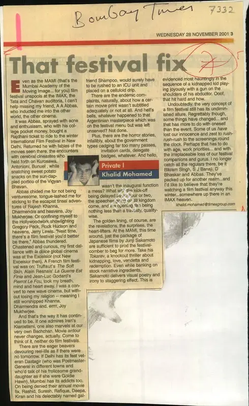 Khalid Mohamed (Reporter), That Festival fix, 2001, Newspaper Clipping