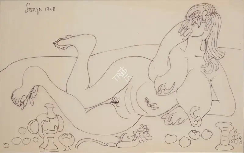 F.N. Souza (Artist), Reclining Nude, 1968, Drawing