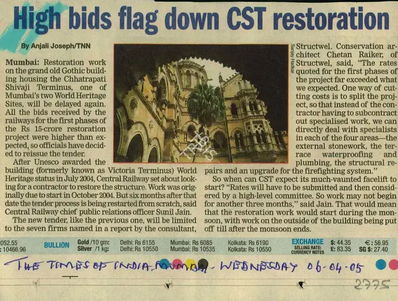 Anjali Joseph (Reporter), High Bids Flag Down CST Restoration, 2005, Newspaper Clipping