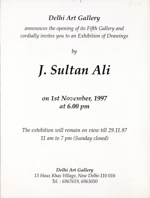 J. Sultan Ali (Artist), Exhibition of Drawings by J. Sultan Ali, 1997, Solo Exhibition Invitation