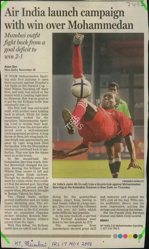 Arjun Sen (Reporter), Air India Launch Campaign with win over Mohammedan, 2006, Newspaper Clipping