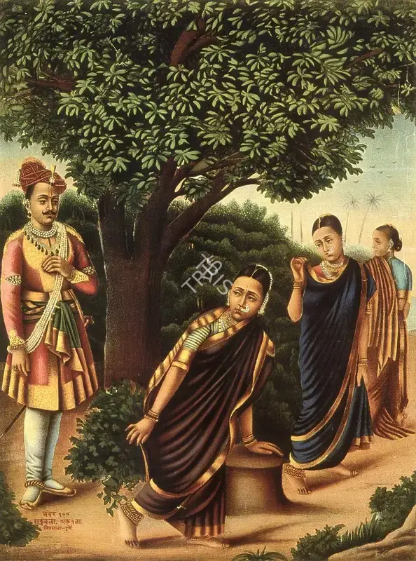 Raja Ravi Varma (Artist), Shakuntala with Two Friends Surprised by King Dushyanta, Chromolithograph