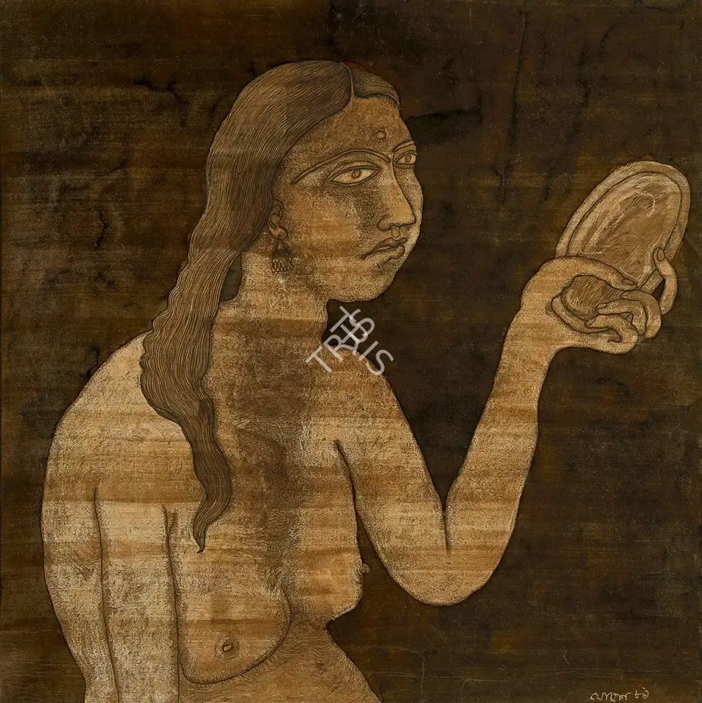 Jogen Chowdhury (Artist), Untitled (Woman With Mirror), 1981, Painting