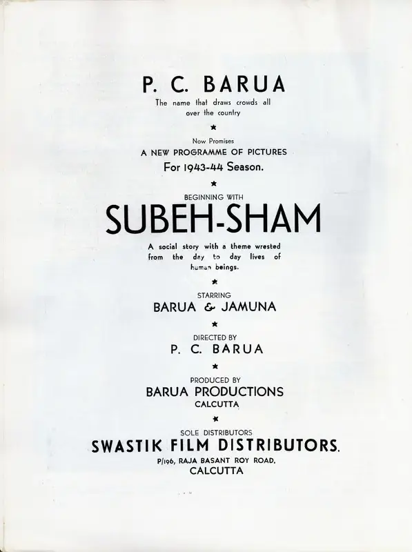 P.C. Barua (Director), Subah Shyam, 1944, Advertisement