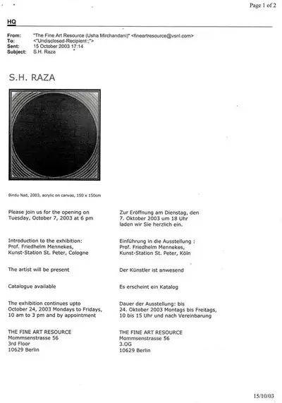 S.H. Raza (Artist), S.H. Raza, 2003, Solo Exhibition Invitation