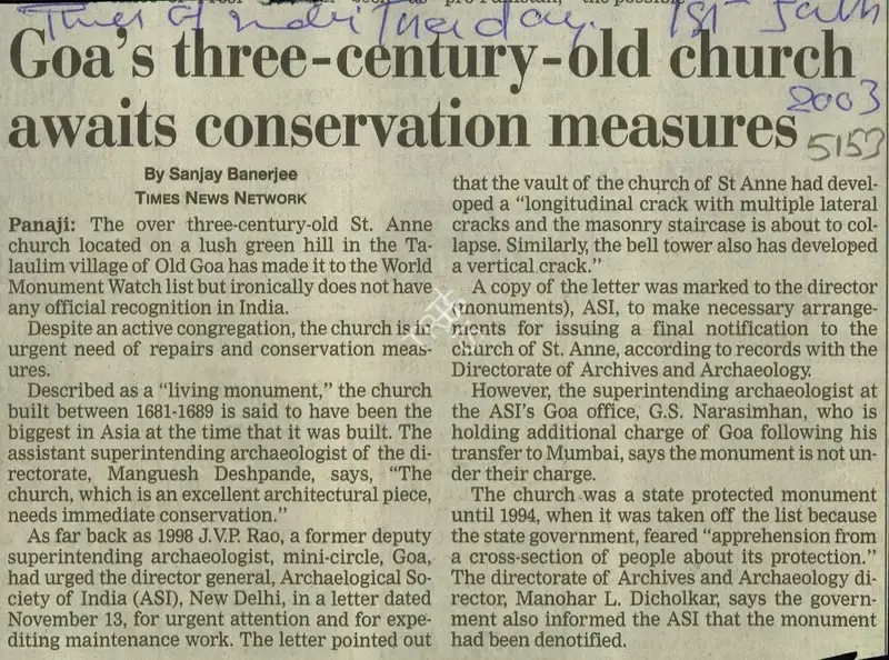 Sanjay Banerjee (Reporter), Goa's Three-Century-old Church Awaits Conservation Measures, 2003, Newspaper Clipping