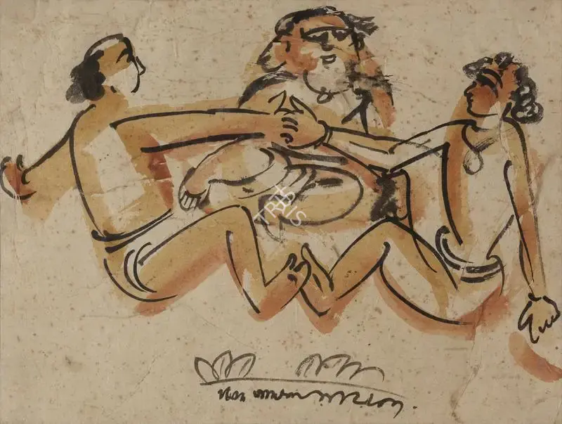 Mukherjee, B.B. (Artist). Patna Three Figures, 1957 | Painting, Sa.Onl/07.04.22, 2022 · Saffronart